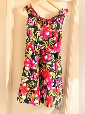 Voodoo Vixen Black Floral Belted Kids Dress with Pink and Red Flowers